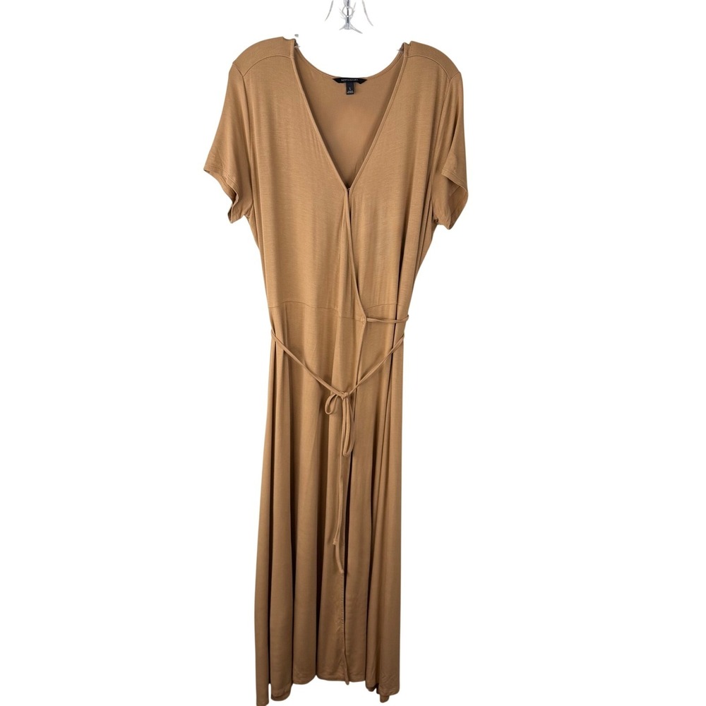 Banana Republic Faux Wrap Maxi Dress Tan Camel Large Short Sleeve Jersey Knit